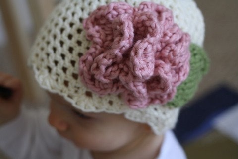 Crochet Pattern for Cream Hat with Pink Accent flower PDF Size Child to Adult (7)