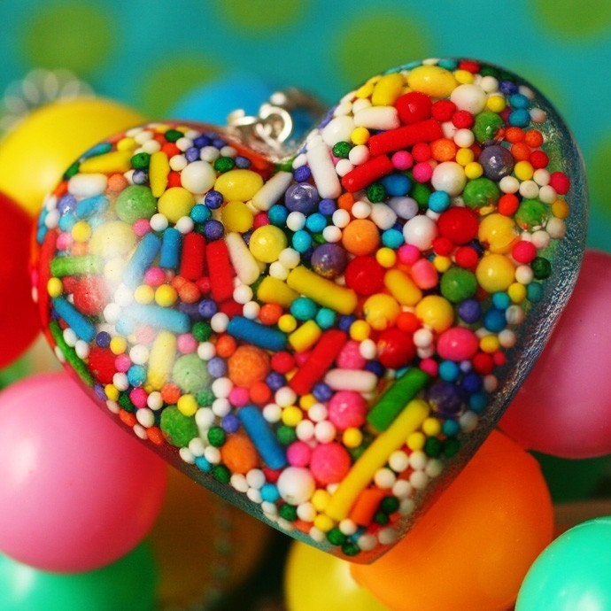 Triple Sweet Heart - Rainbow Candy Sprinkles Resin Necklace