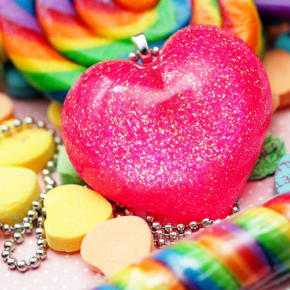 Bubblegum Heart - Resin Hot Pink Puffy Necklace