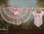 Sewn Tiered Pom Pom Tutu Skirt Set  - Pink, Cream -  Baby, Toddler, Girl Tutu Set