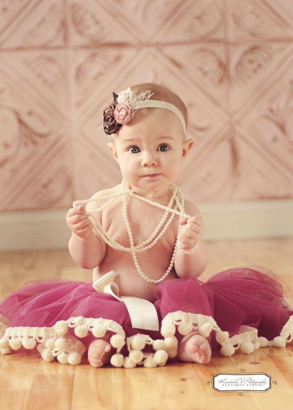 Sewn Pom Pom Tutu Skirt   - Wine, Burgandy, Cream - Baby, toddler, Girl