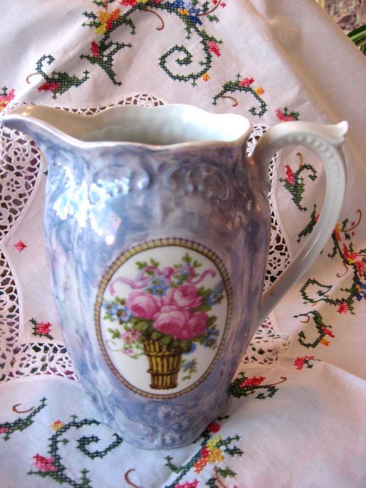 German Blue Lustre Pitcher Jug Rose Basket Cameo 7793