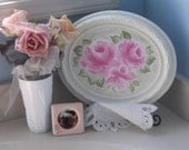 Shabby COTTAGE Chic Creamy White OVAL Framed Hand Painted PINK Roses ecs cst