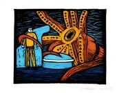 20,000 Leagues Under the Sea LINOCUT- blue and orange