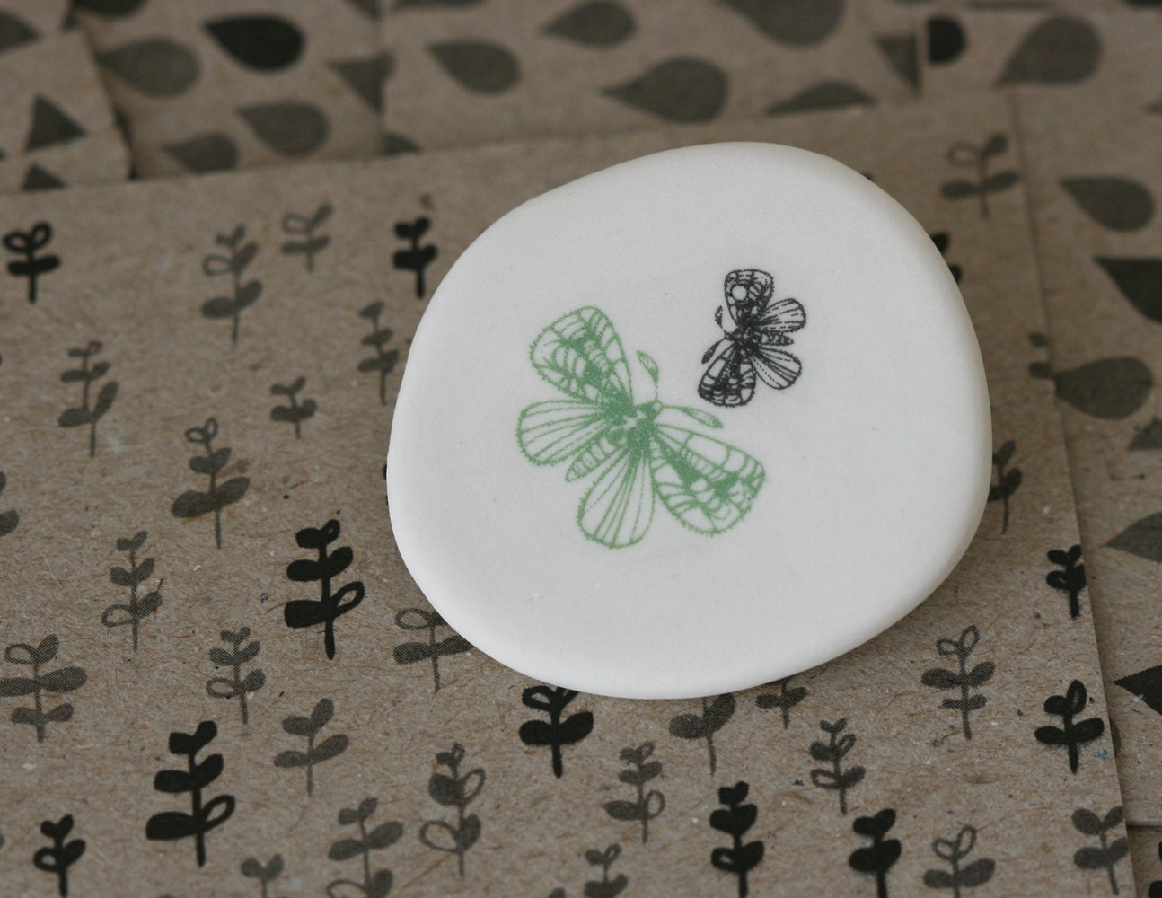 Moths - black and sage -  Porcelain Brooch