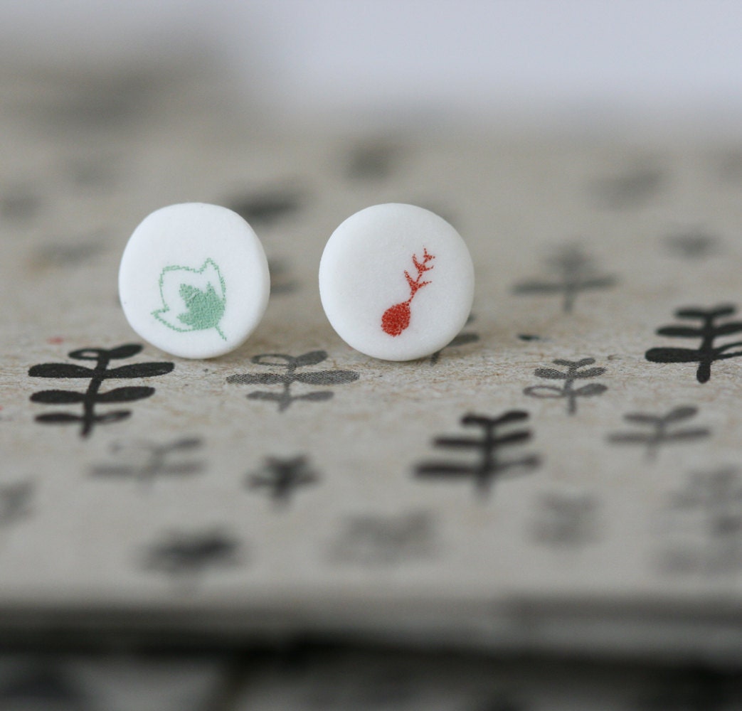 Seedling and green leaf - Porcelain Earrings