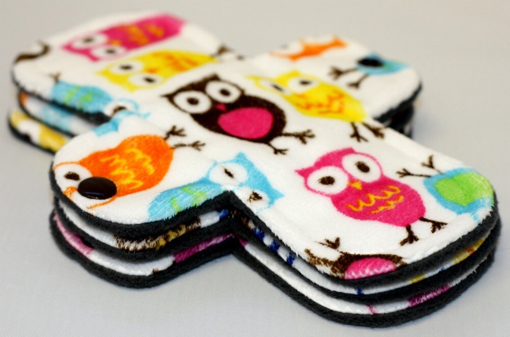 Set of 3 7.5 Inch Owl Minky Regular Pantyliners with Fleece backs - Wide Width