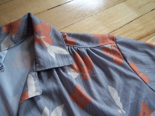 Grey Polyester Shirt With Orange and Cream Flowers
