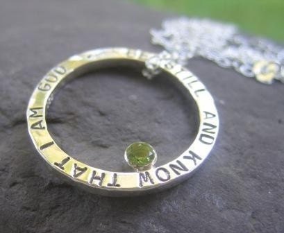 Sterling Silver Hammered Circle Pendant with Custom Inscription .  natural peridot . chain included