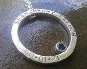 Hammered Circle Pendant with London Blue Topaz -- Inscribed with  a quote, poem or names 