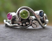 unique mother's ring. sterling silver and 3 birthstones . (( Wild Garden Mother's Ring )) . customized and made to order