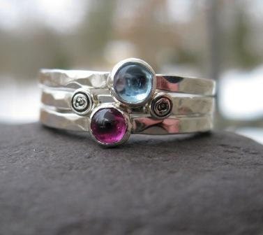 mothers stacking rings . sterling silver with birthstones & inscriptions . (( Mothers Stackers )) . set of 3 . made to order in your size