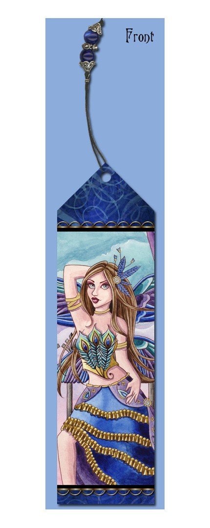 Fairy Art Bookmark - Fantasy Art - Beaded Tassel - Peacock Butterfly Feather Faerie - Stesha - by Nikki Burnette