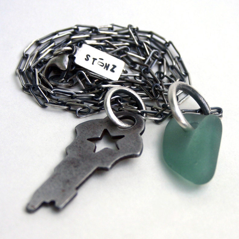 Seaglass Key Necklace Sterling Beach Glass Aqua Star Cut Out - Star Attraction