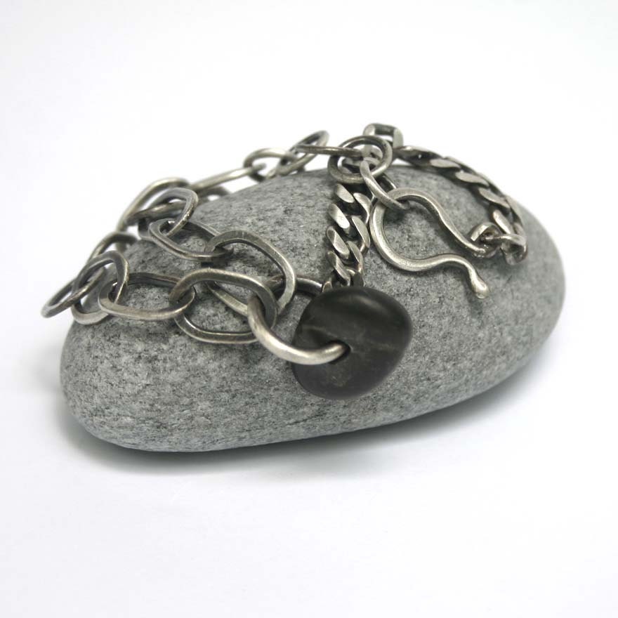 Silver Beach Stone Bracelet Sterling Mixed Chains Asymmetrical - Comme Ci Comme Ca