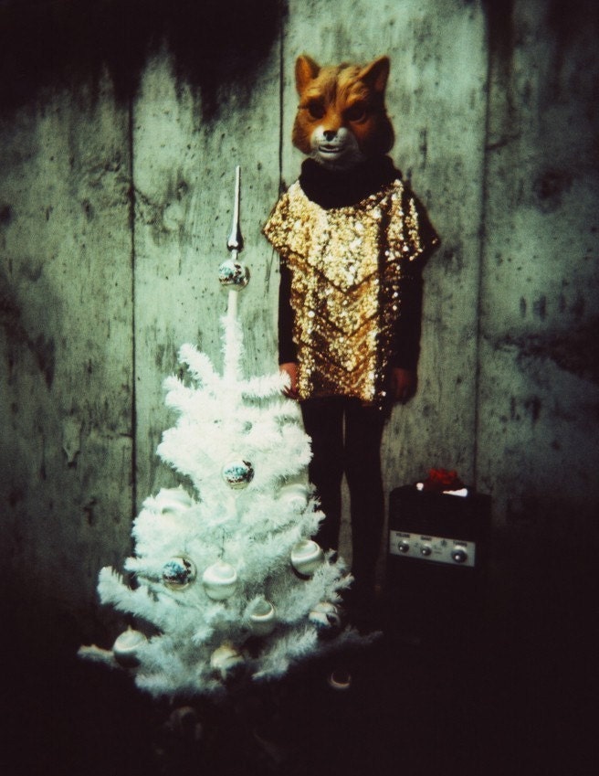 xmas fox, blank christmas greeting card featuring photograph of girl in animal mask and vintage 1960s beaded dress with christmas tree