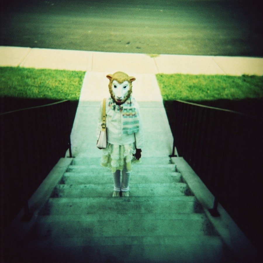 ovis (lamb), 8x10 archival print photograph of girl in animal mask and vintage 1950s sweater and dress