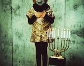 hanukkah fox, blank greeting card featuring photograph of girl in animal mask and vintage 1960s beaded dress