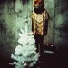 xmas fox, blank christmas greeting card featuring photograph of girl in animal mask and vintage 1960s beaded dress with christmas tree