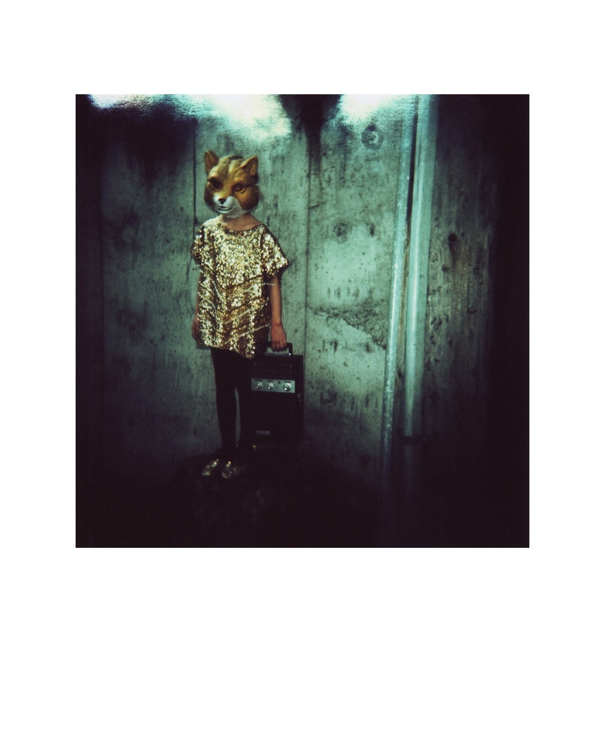 vulpes volpes (fox), 8x10 archival print photograph of girl in animal mask and vintage 1960s beaded gold dress