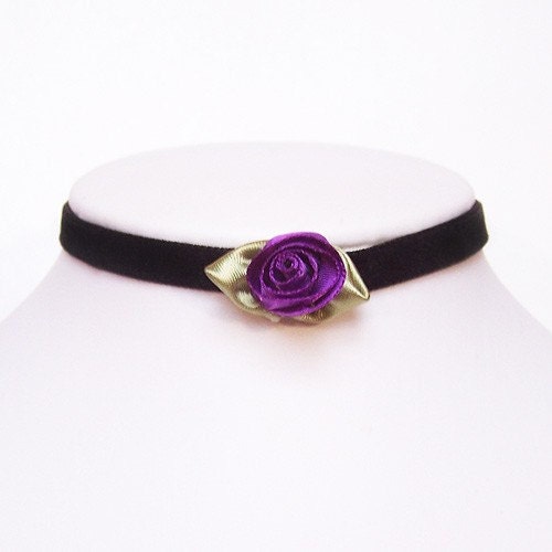 Velvet goth choker with a Purple silk Rose Victorian gothic - AMELIA