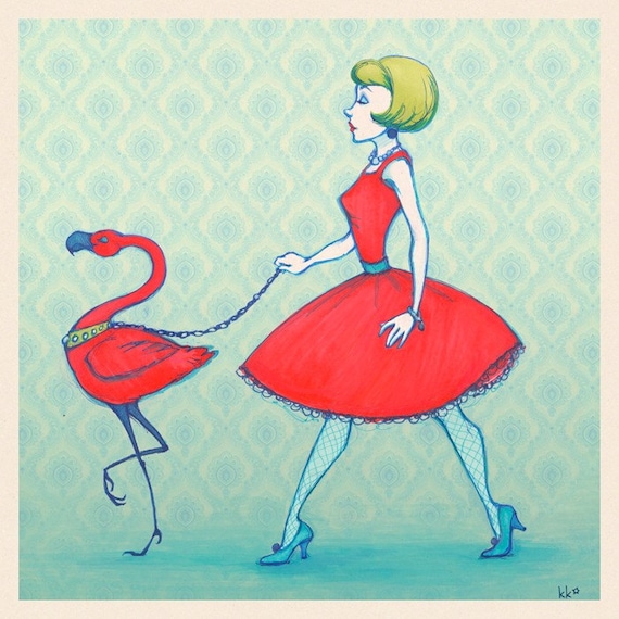 Flamingo - 8x8 Retro Kitsch Art Print Signed
