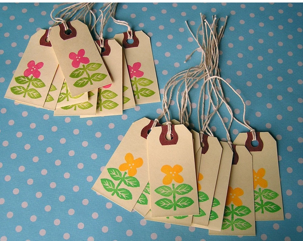 Hand Stamped Flower Tags, set of 16