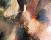 Painting, abstract, large, brown, green, gold, red, rose, cream, "Embarkation", 76 x 61 cm, 30 by 24 inches