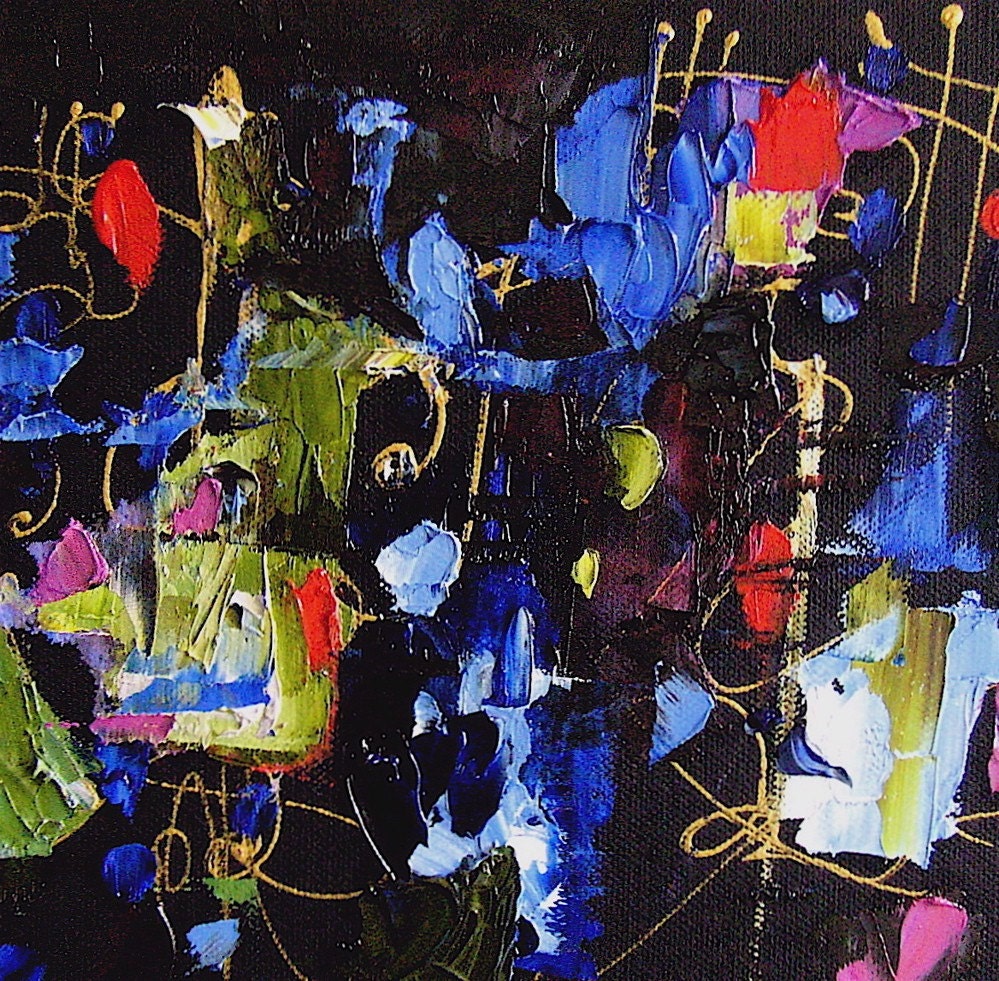 Painting, small original abstract,  rich bright colours on black, 8 " x 10 "