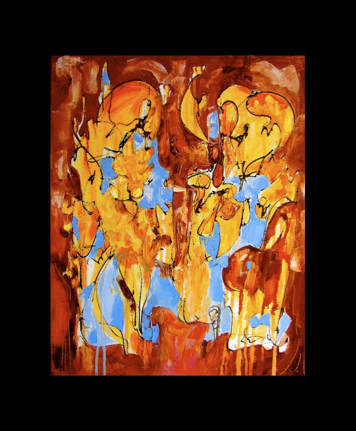 Breton Ballad, abstract painting, original oil, gestural, automatist, gold, russet, blue, 20 x  16