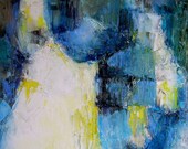 Original art, abstract oil painting on canvas, blue, white, lemon yellow, 11.8 square
