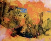 Painting, original autumn abstract landscape, orange, 11.8 x 19.3 inches