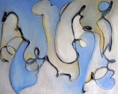 Abstract painting, small, playful, pale blue white golden yellow, curls and squiggles, 7.5 x 10 inches