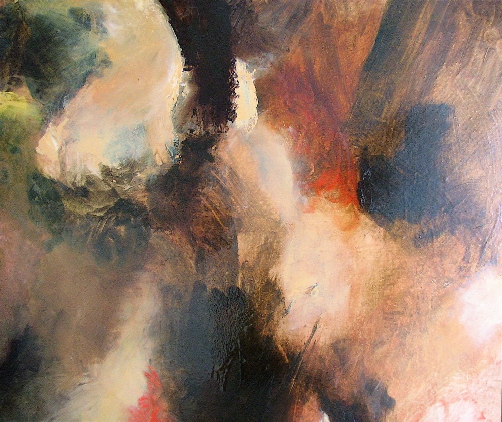 Painting, abstract, large, brown, green, gold, red, rose, cream, "Embarkation", 76 x 61 cm, 30 by 24 inches