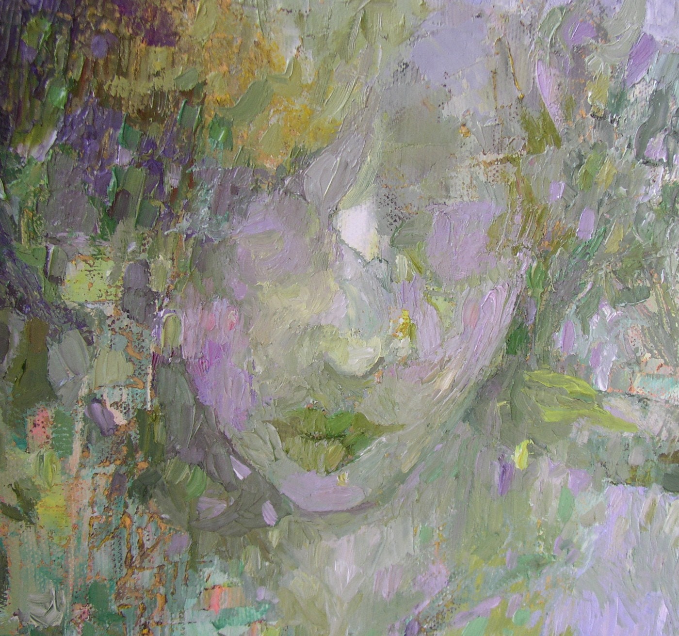 Painting, original oil, spring woodland, figure, green, lilac, pastel shades, 20 x 16