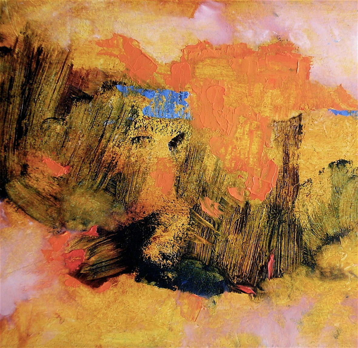 Painting, original autumn abstract landscape, orange, 11.8 x 19.3 inches