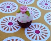 chocolate cupcake charm with pink rose.Polymer clay pendant