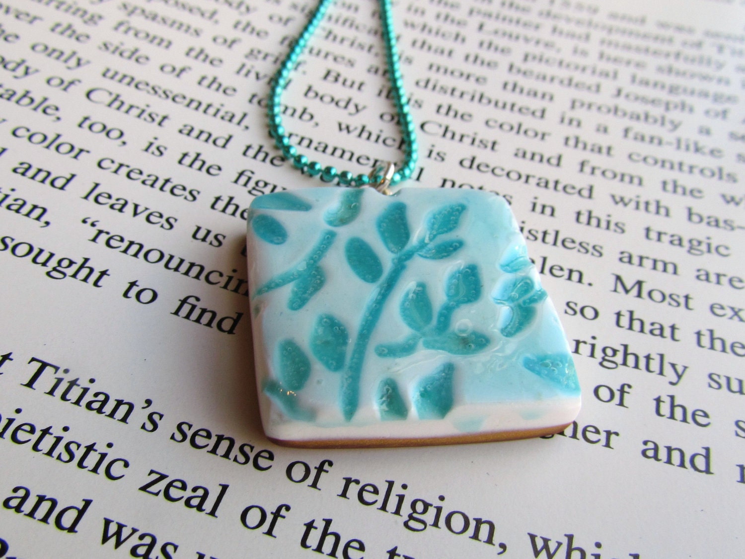 Faux Ceramic blue branches Pendant. Leaves Polymer Clay Pendant.