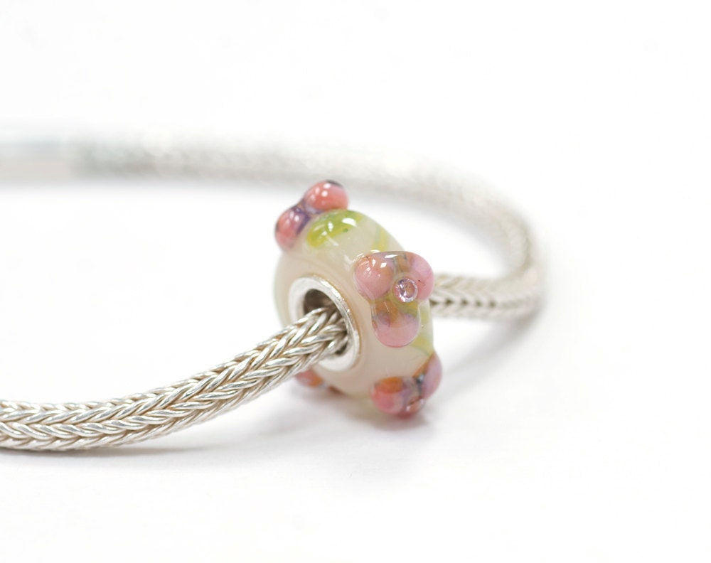 Glass European Charm Bead Cored with Sterling Silver CZ Pink Flowers on Bone White big hole
