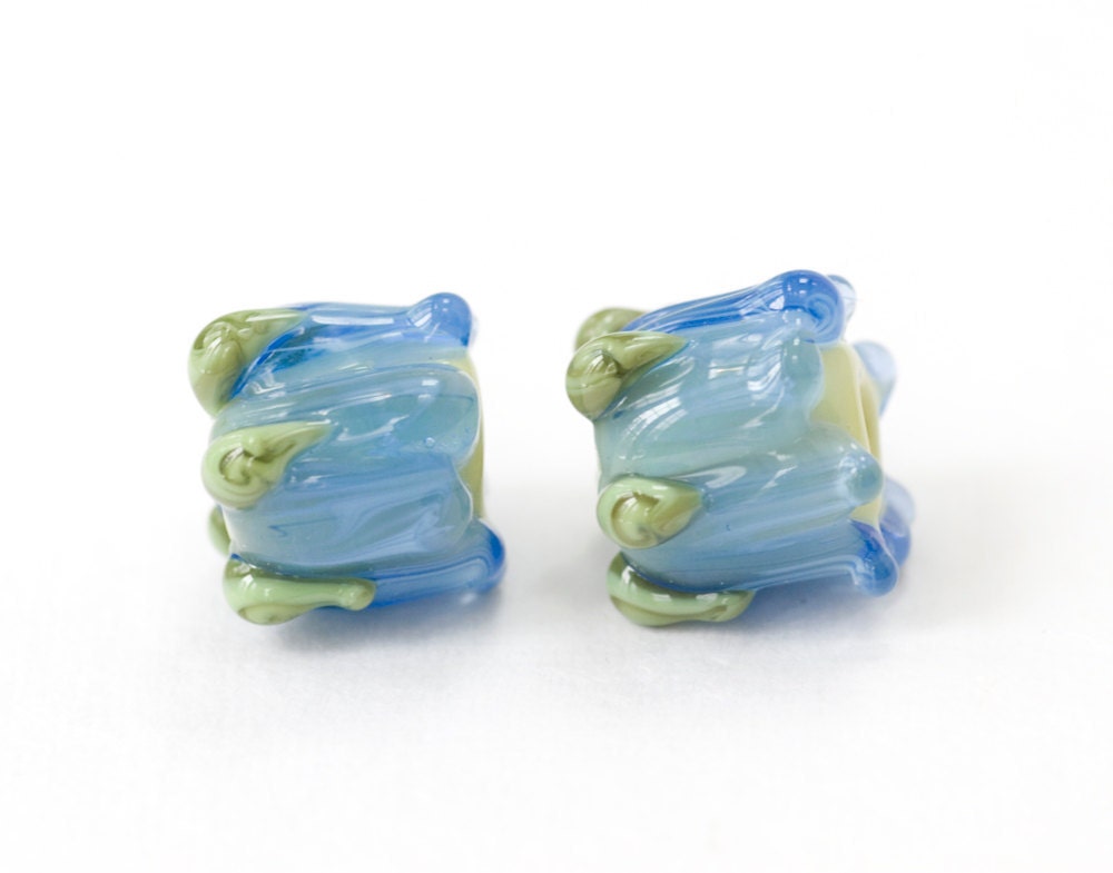 Glass Flower Bud Beads Earring Pair Handmade Lampwork Blue Green