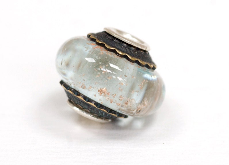 Lampwork Glass Bead With Sterling Silver Core Stormy Gray Handmade European Charm Big Hole