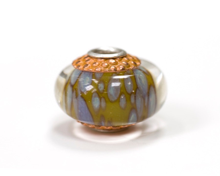 Lampwork Bead Glass Sterling Silver Core Handmade Big Hole Focal Boro Avocado Blue