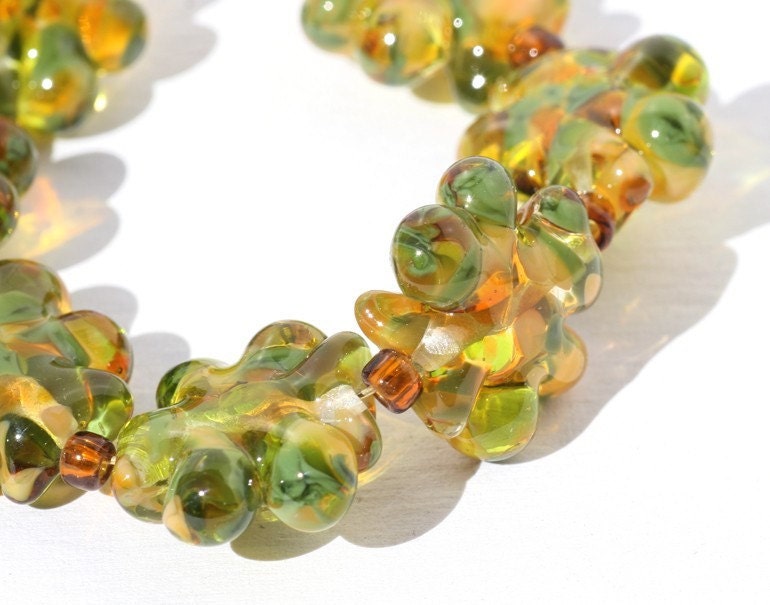 Handmade Lampwork Glass Bead Set Green Yellow Brown
