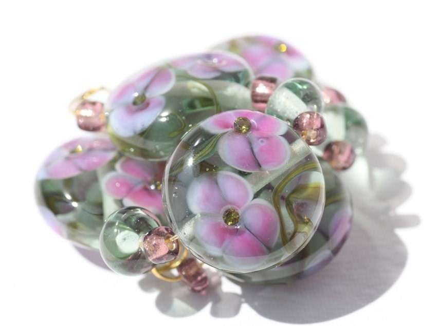 Lampwork Glass Handmade Floral Bead Set Sea Roses made to order