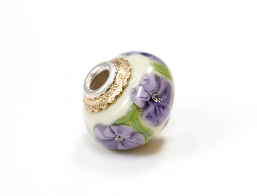 Lampwork Bead Glass Purple Flower Sterling Silver Core Handmade Big Hole Focal European Charm
