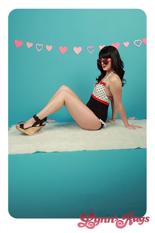 Retro Black White Red BOW Swimsuit One Piece Ruffle Pin Up DIY Polka Dot