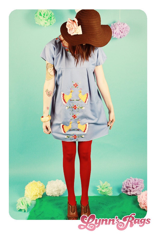 Vintage BOHO Hippie DRESS Embroidery Birds Blue Red Tent