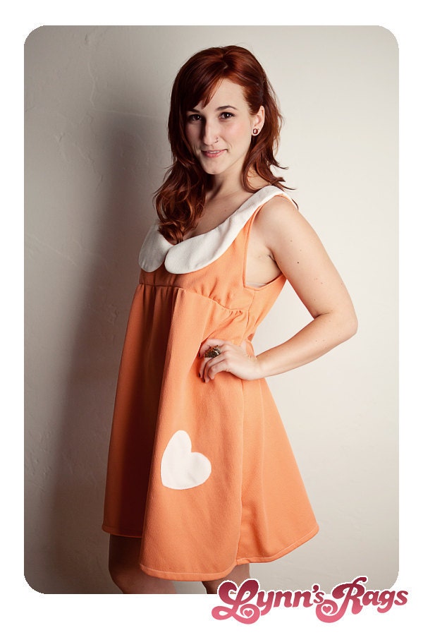 Peach White HEART Tent DRESS Vintage Polyester Peter Pan Collar Handmade LARGE