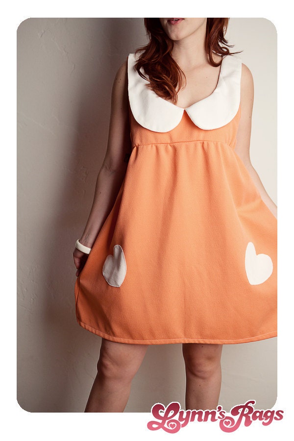 Peach White HEART Tent DRESS Vintage Polyester Peter Pan Collar Handmade LARGE