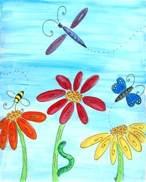 Kids Room Art - Dragonfly Playing In Flowers 8x10 Print